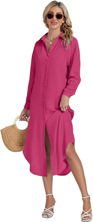 LYANER Women's Collar Button Long Sleeve Max Long Shirt Dress Cardigan Cover Ups