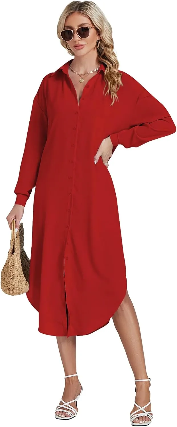 LYANER Women's Collar Button Long Sleeve Max Long Shirt Dress Cardigan Cover Ups