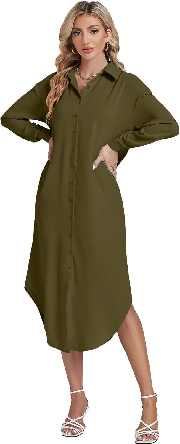 LYANER Women's Collar Button Long Sleeve Max Long Shirt Dress Cardigan Cover Ups
