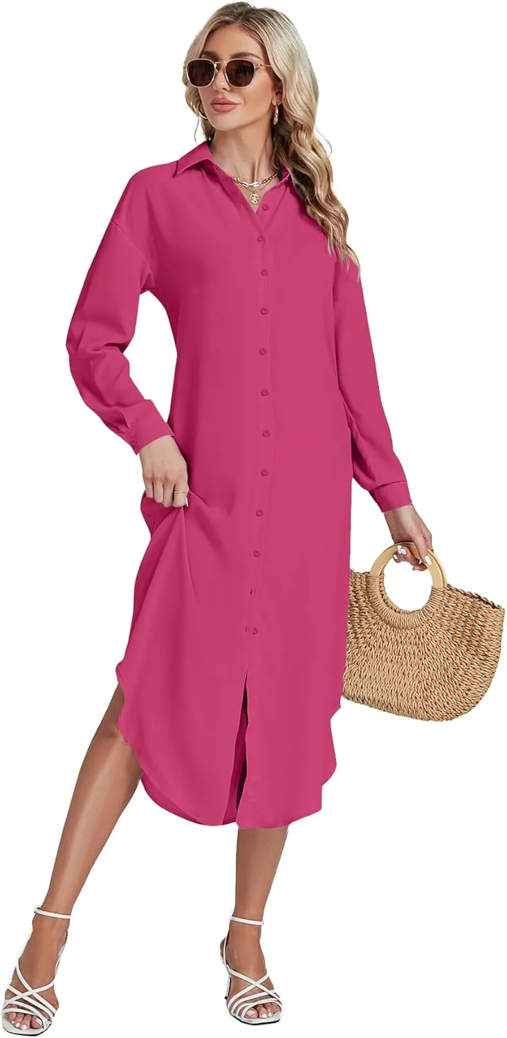 LYANER Women's Collar Button Long Sleeve Max Long Shirt Dress Cardigan Cover Ups