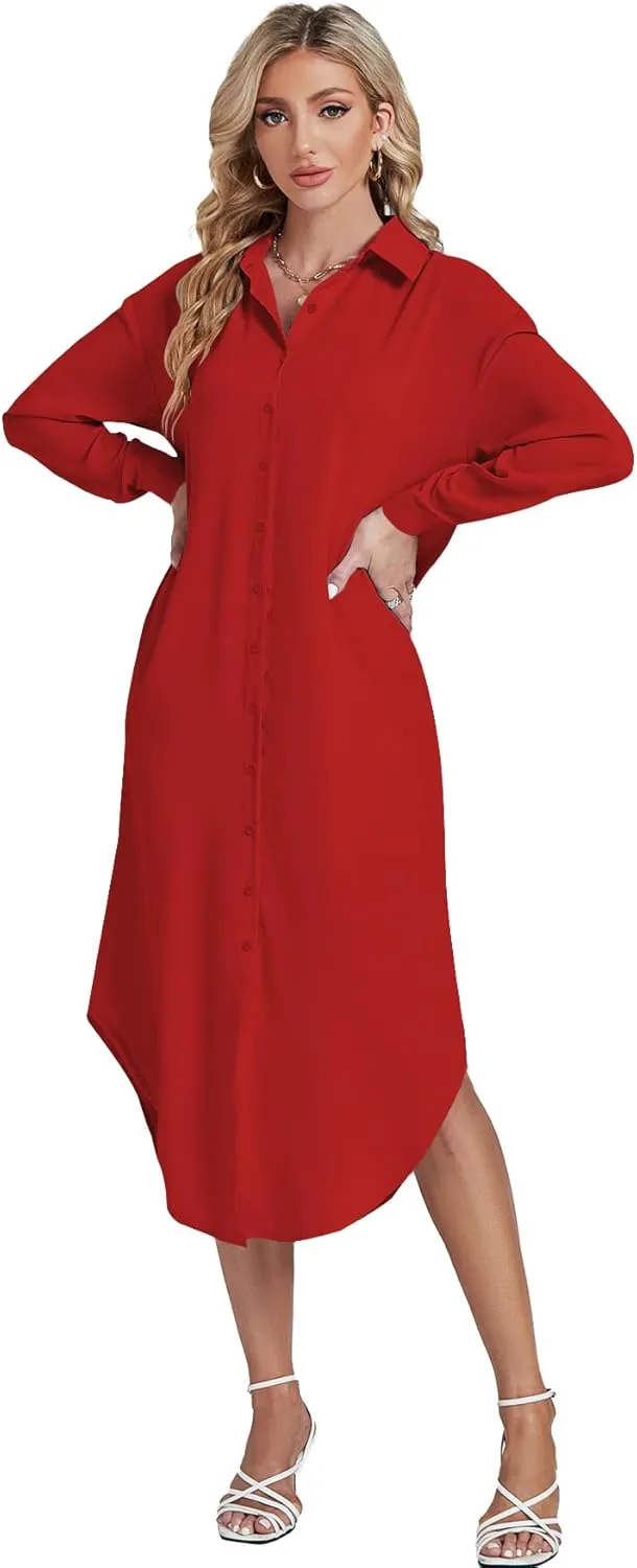 LYANER Women's Collar Button Long Sleeve Max Long Shirt Dress Cardigan Cover Ups