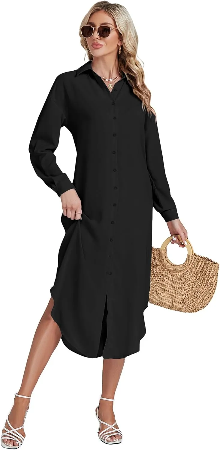 LYANER Women's Collar Button Long Sleeve Max Long Shirt Dress Cardigan Cover Ups