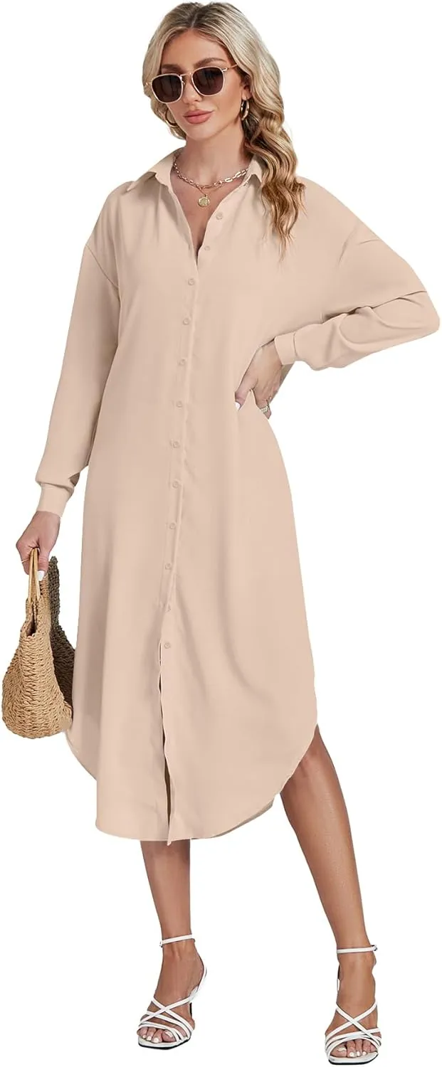 LYANER Women's Collar Button Long Sleeve Max Long Shirt Dress Cardigan Cover Ups