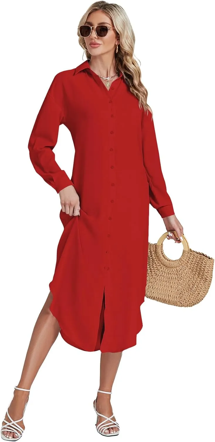 LYANER Women's Collar Button Long Sleeve Max Long Shirt Dress Cardigan Cover Ups