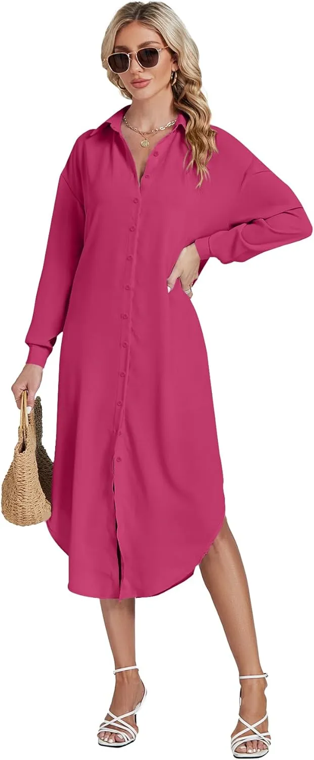 LYANER Women's Collar Button Long Sleeve Max Long Shirt Dress Cardigan Cover Ups