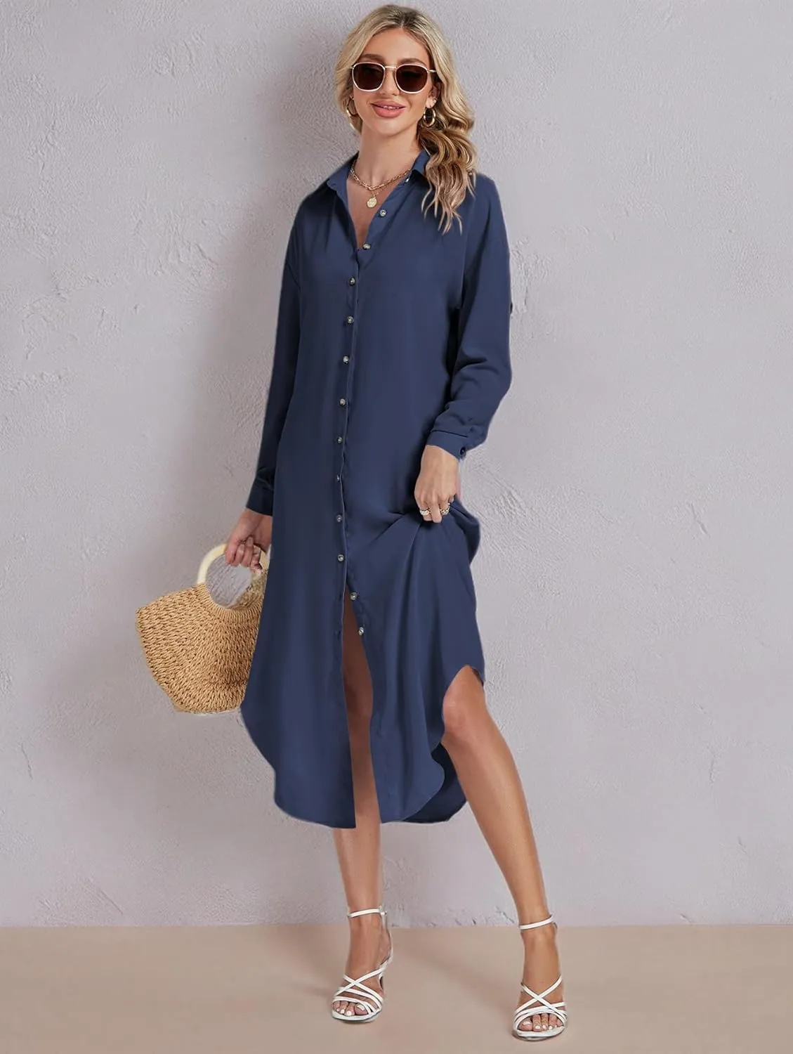 LYANER Women's Collar Button Long Sleeve Max Long Shirt Dress Cardigan Cover Ups