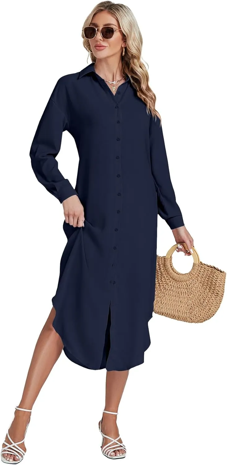 LYANER Women's Collar Button Long Sleeve Max Long Shirt Dress Cardigan Cover Ups