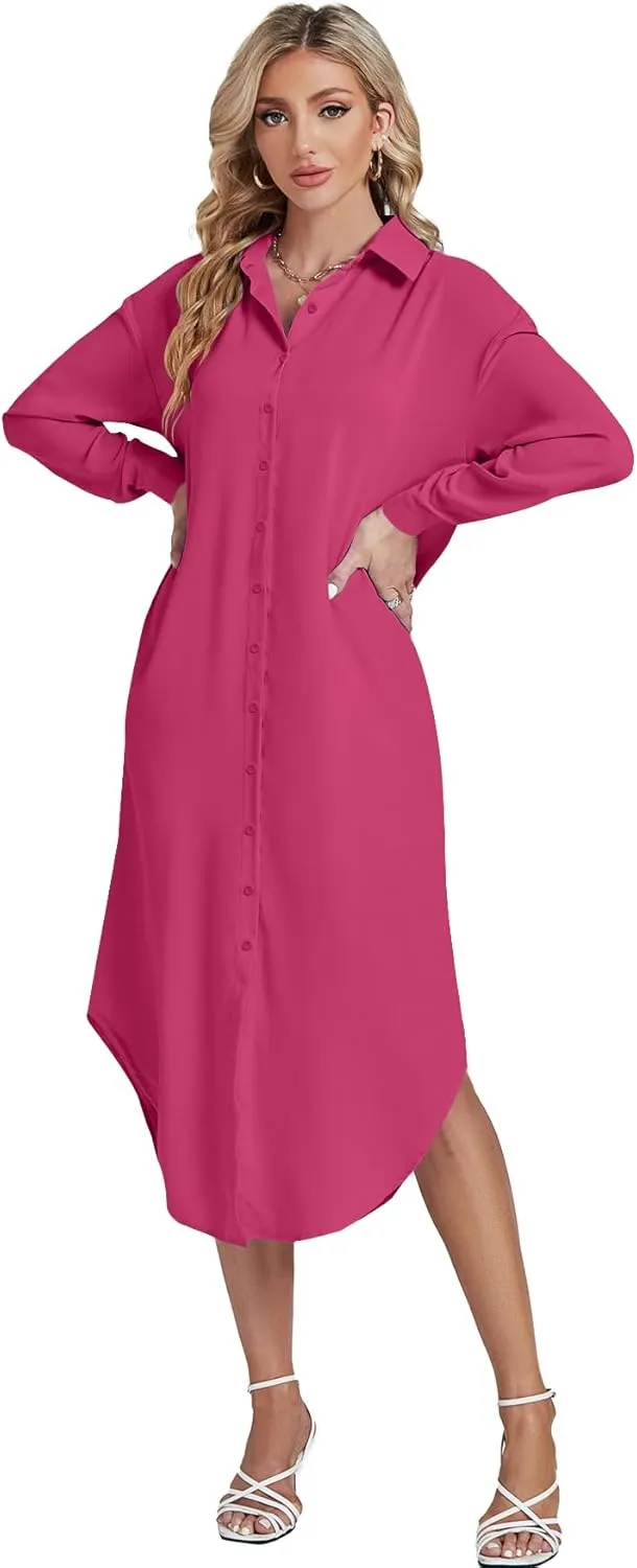 LYANER Women's Collar Button Long Sleeve Max Long Shirt Dress Cardigan Cover Ups