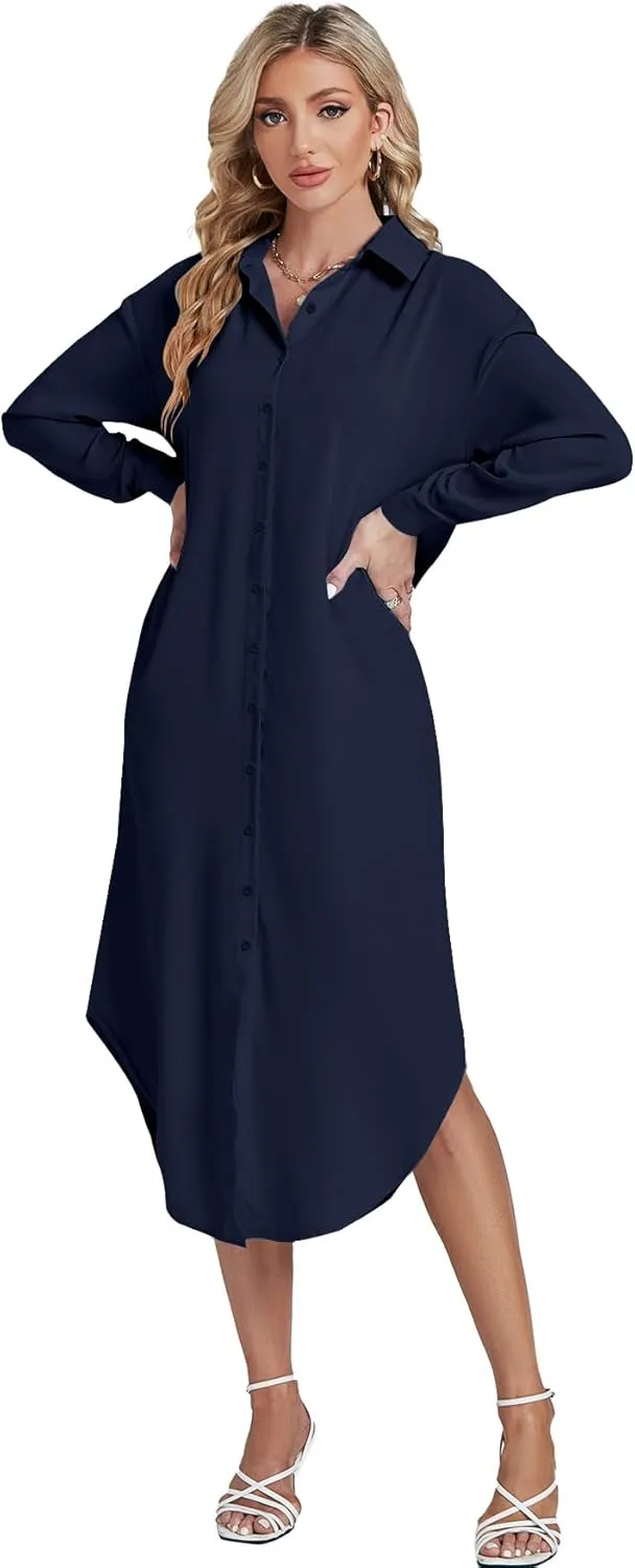 LYANER Women's Collar Button Long Sleeve Max Long Shirt Dress Cardigan Cover Ups