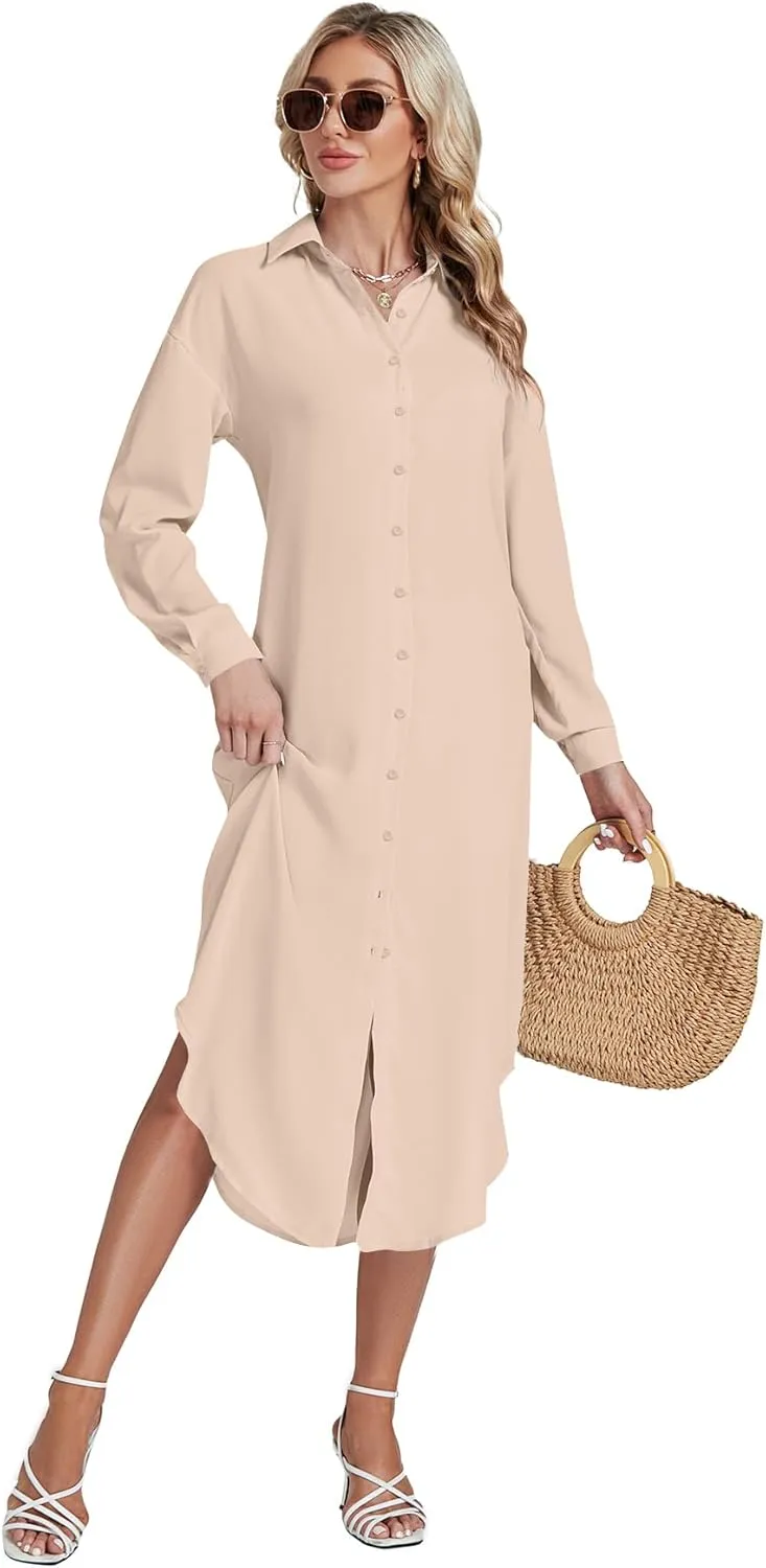 LYANER Women's Collar Button Long Sleeve Max Long Shirt Dress Cardigan Cover Ups