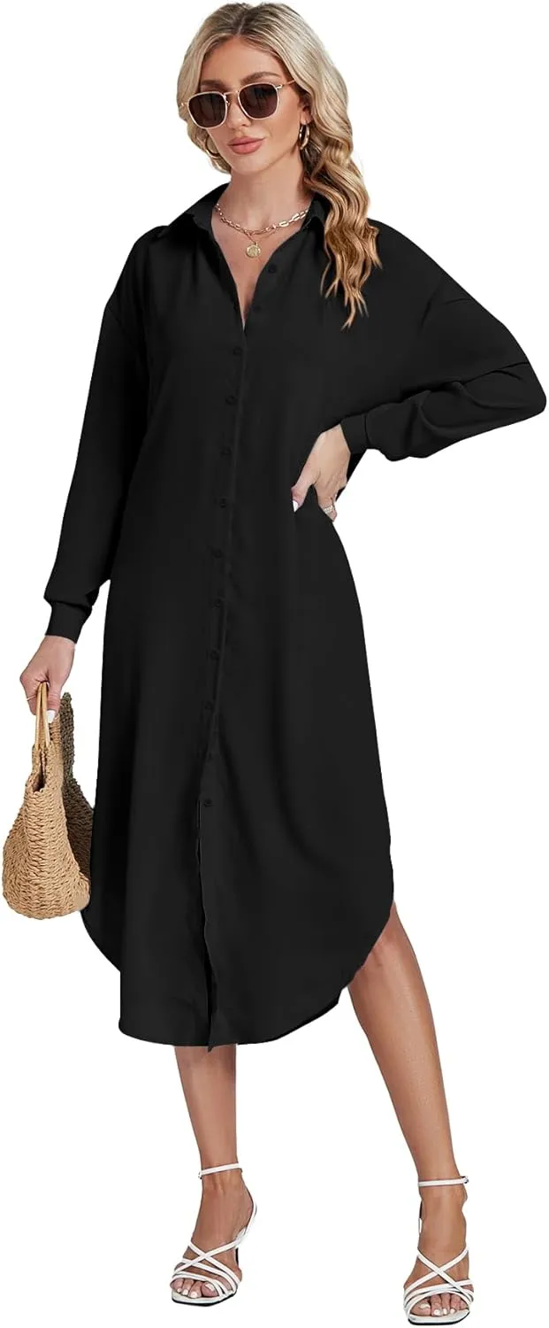 LYANER Women's Collar Button Long Sleeve Max Long Shirt Dress Cardigan Cover Ups