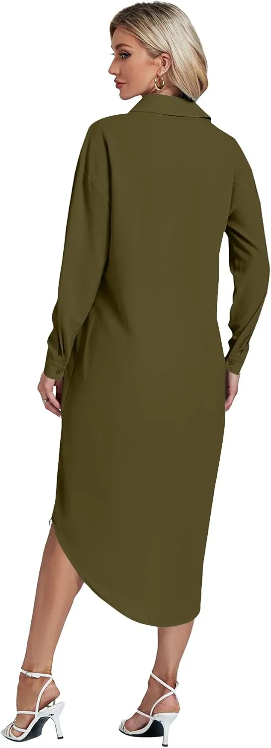 LYANER Women's Collar Button Long Sleeve Max Long Shirt Dress Cardigan Cover Ups