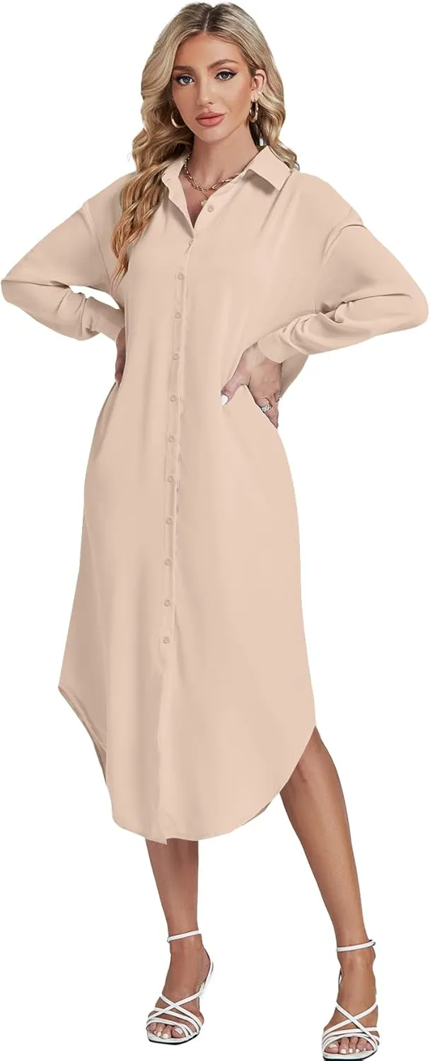 LYANER Women's Collar Button Long Sleeve Max Long Shirt Dress Cardigan Cover Ups