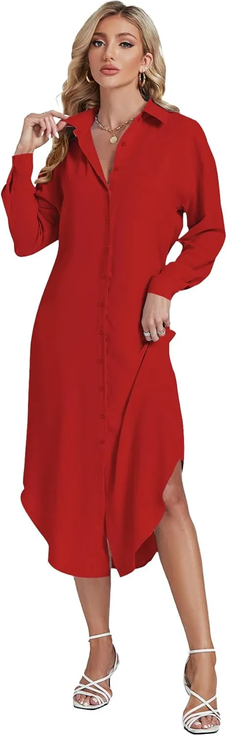 LYANER Women's Collar Button Long Sleeve Max Long Shirt Dress Cardigan Cover Ups