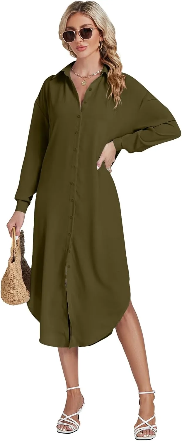 LYANER Women's Collar Button Long Sleeve Max Long Shirt Dress Cardigan Cover Ups