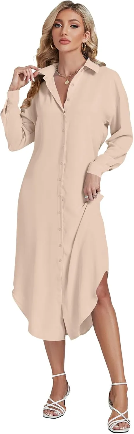 LYANER Women's Collar Button Long Sleeve Max Long Shirt Dress Cardigan Cover Ups