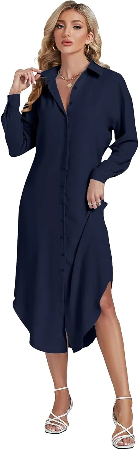 LYANER Women's Collar Button Long Sleeve Max Long Shirt Dress Cardigan Cover Ups