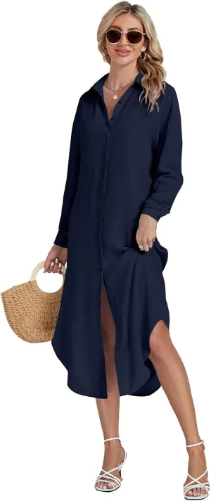 LYANER Women's Collar Button Long Sleeve Max Long Shirt Dress Cardigan Cover Ups