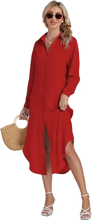 LYANER Women's Collar Button Long Sleeve Max Long Shirt Dress Cardigan Cover Ups