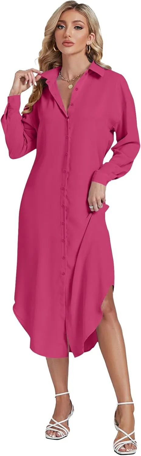 LYANER Women's Collar Button Long Sleeve Max Long Shirt Dress Cardigan Cover Ups