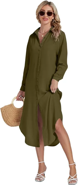 LYANER Women's Collar Button Long Sleeve Max Long Shirt Dress Cardigan Cover Ups