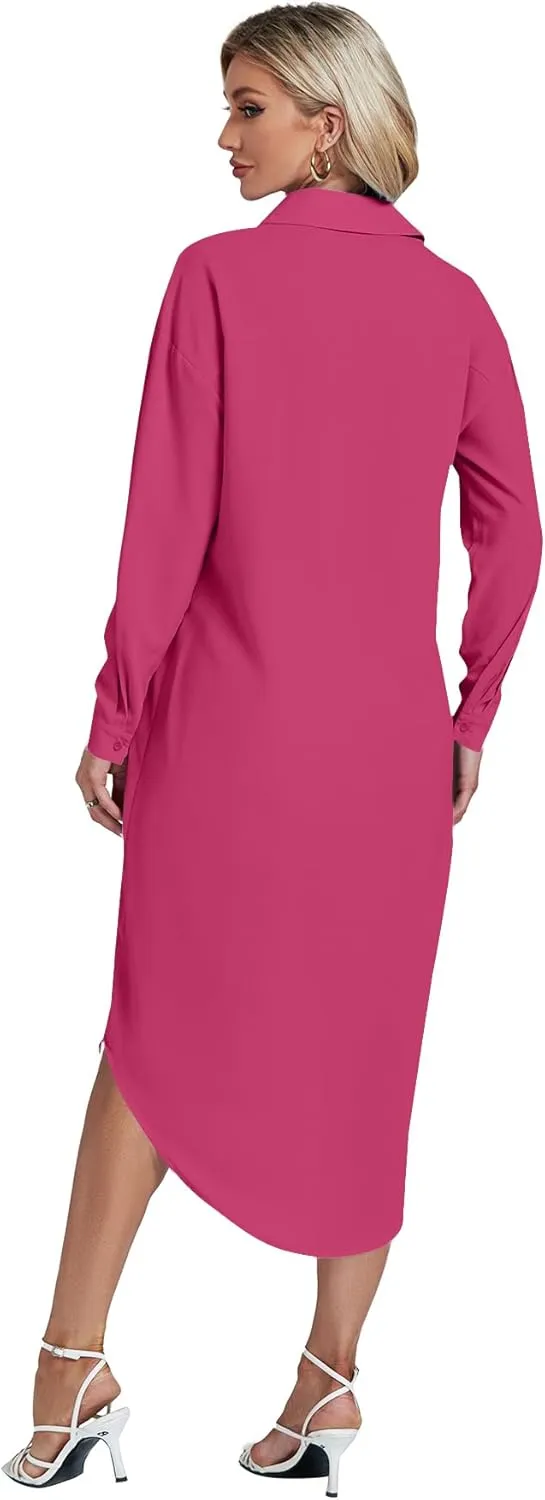 LYANER Women's Collar Button Long Sleeve Max Long Shirt Dress Cardigan Cover Ups