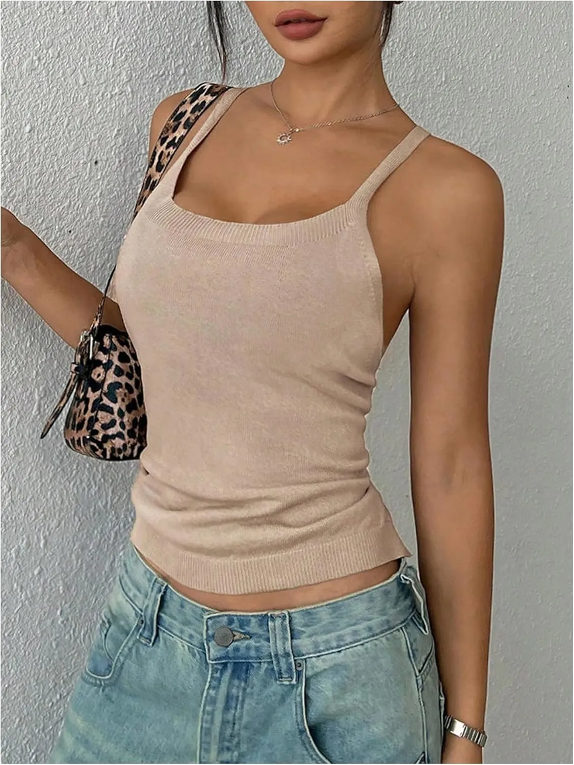 MakeMeChic Women's Knitted Backless Cami Top Tie Back Square Neck Spaghetti Strap Knit Tops