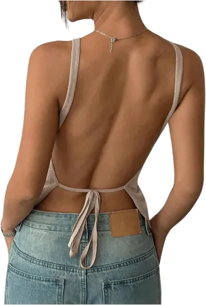 MakeMeChic Women's Knitted Backless Cami Top Tie Back Square Neck Spaghetti Strap Knit Tops
