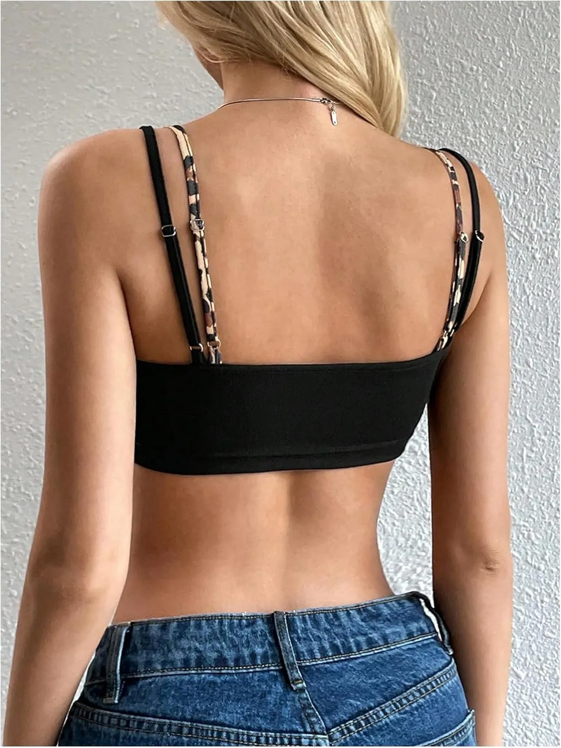 MakeMeChic Women's Leopard Print Rib Knitted Color Block Spaghetti Strap Crop Cami Top Camisole