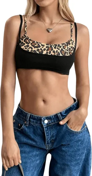 MakeMeChic Women's Leopard Print Rib Knitted Color Block Spaghetti Strap Crop Cami Top Camisole