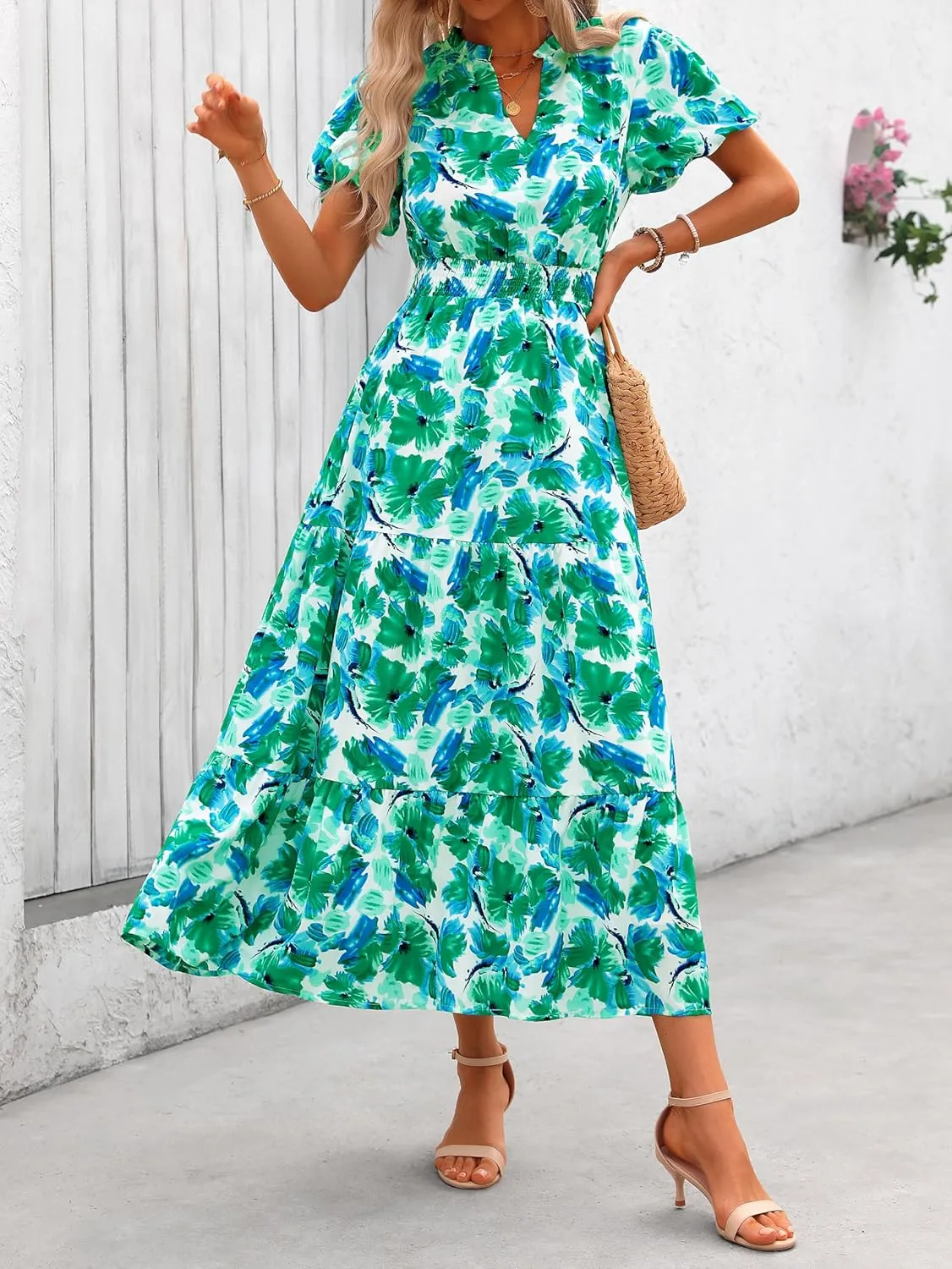 MASCOMODA Summer Maxi Dresses for Women 2025 Casual V Neck Puff Short Sleeve Smocked Flowy Beach Boho Long Floral Dress
