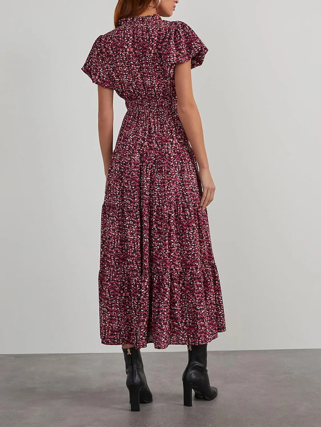 MASCOMODA Summer Maxi Dresses for Women 2025 Casual V Neck Puff Short Sleeve Smocked Flowy Beach Boho Long Floral Dress