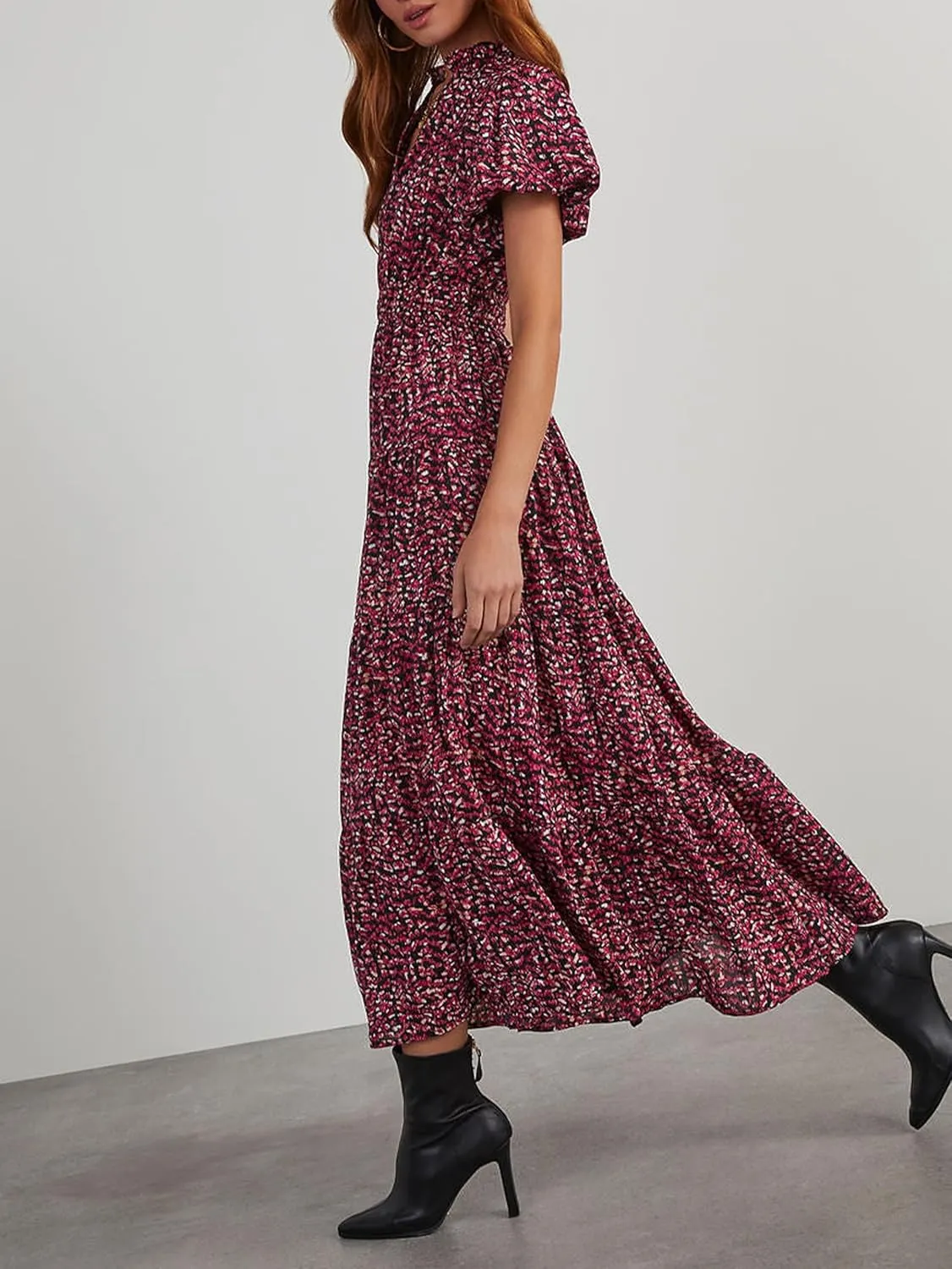 MASCOMODA Summer Maxi Dresses for Women 2025 Casual V Neck Puff Short Sleeve Smocked Flowy Beach Boho Long Floral Dress