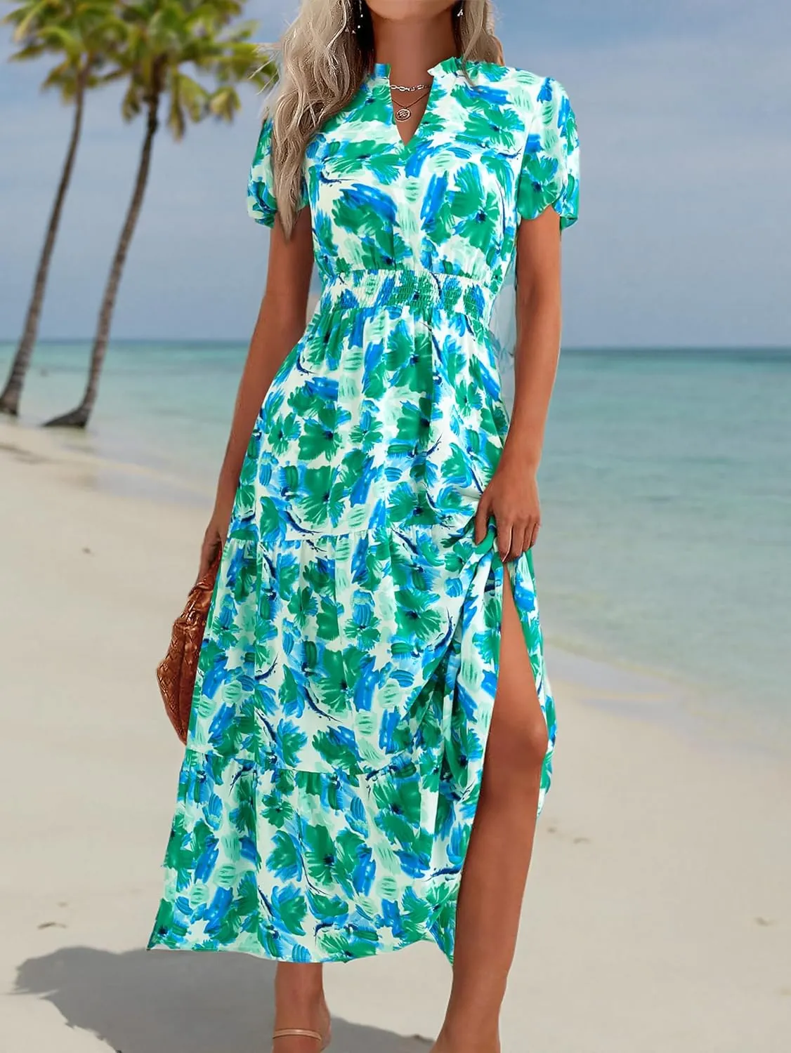 MASCOMODA Summer Maxi Dresses for Women 2025 Casual V Neck Puff Short Sleeve Smocked Flowy Beach Boho Long Floral Dress