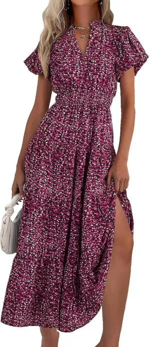 MASCOMODA Summer Maxi Dresses for Women 2025 Casual V Neck Puff Short Sleeve Smocked Flowy Beach Boho Long Floral Dress