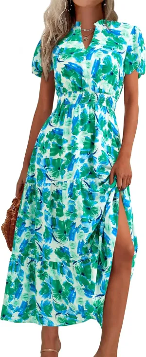 MASCOMODA Summer Maxi Dresses for Women 2025 Casual V Neck Puff Short Sleeve Smocked Flowy Beach Boho Long Floral Dress