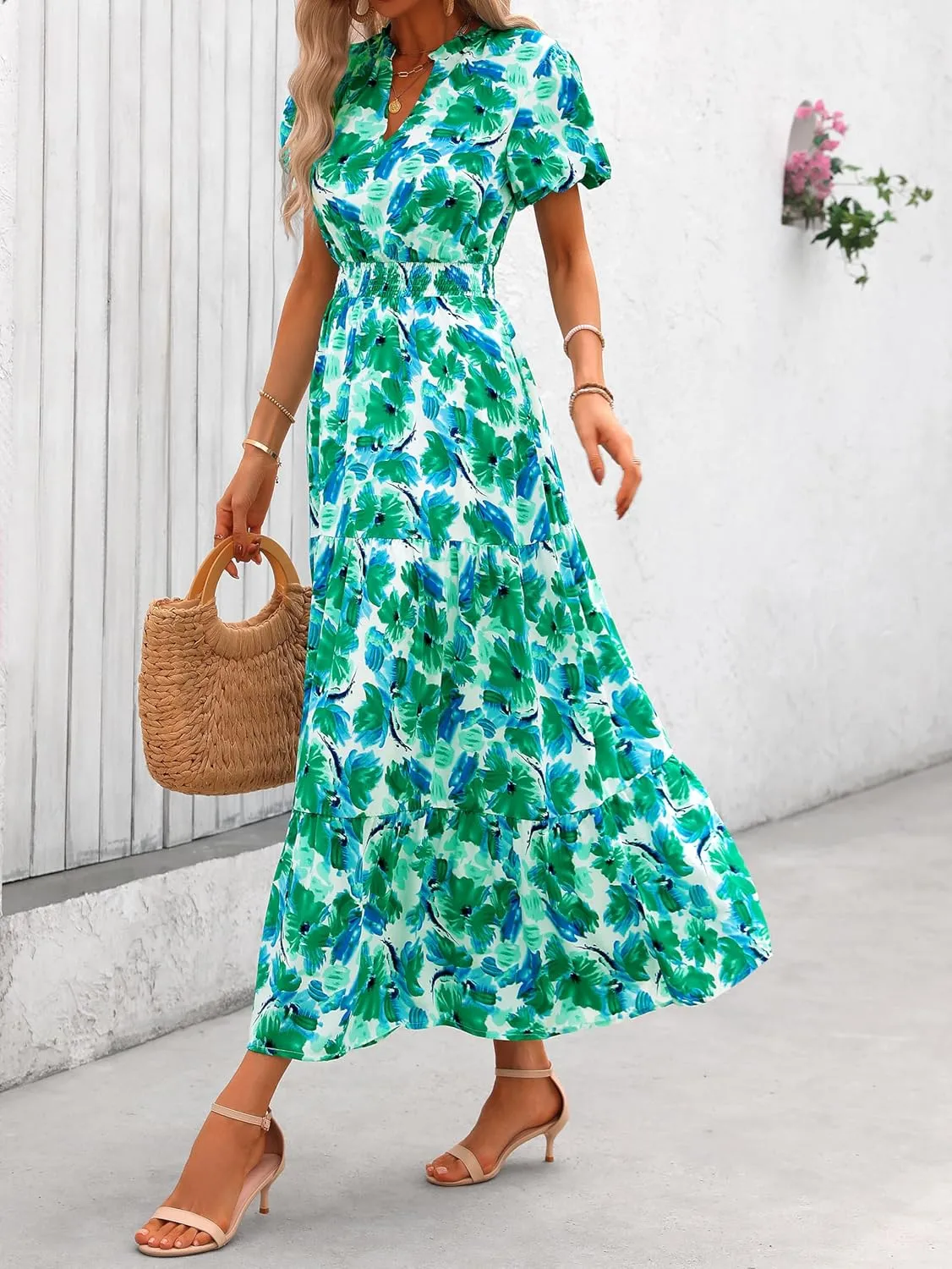 MASCOMODA Summer Maxi Dresses for Women 2025 Casual V Neck Puff Short Sleeve Smocked Flowy Beach Boho Long Floral Dress