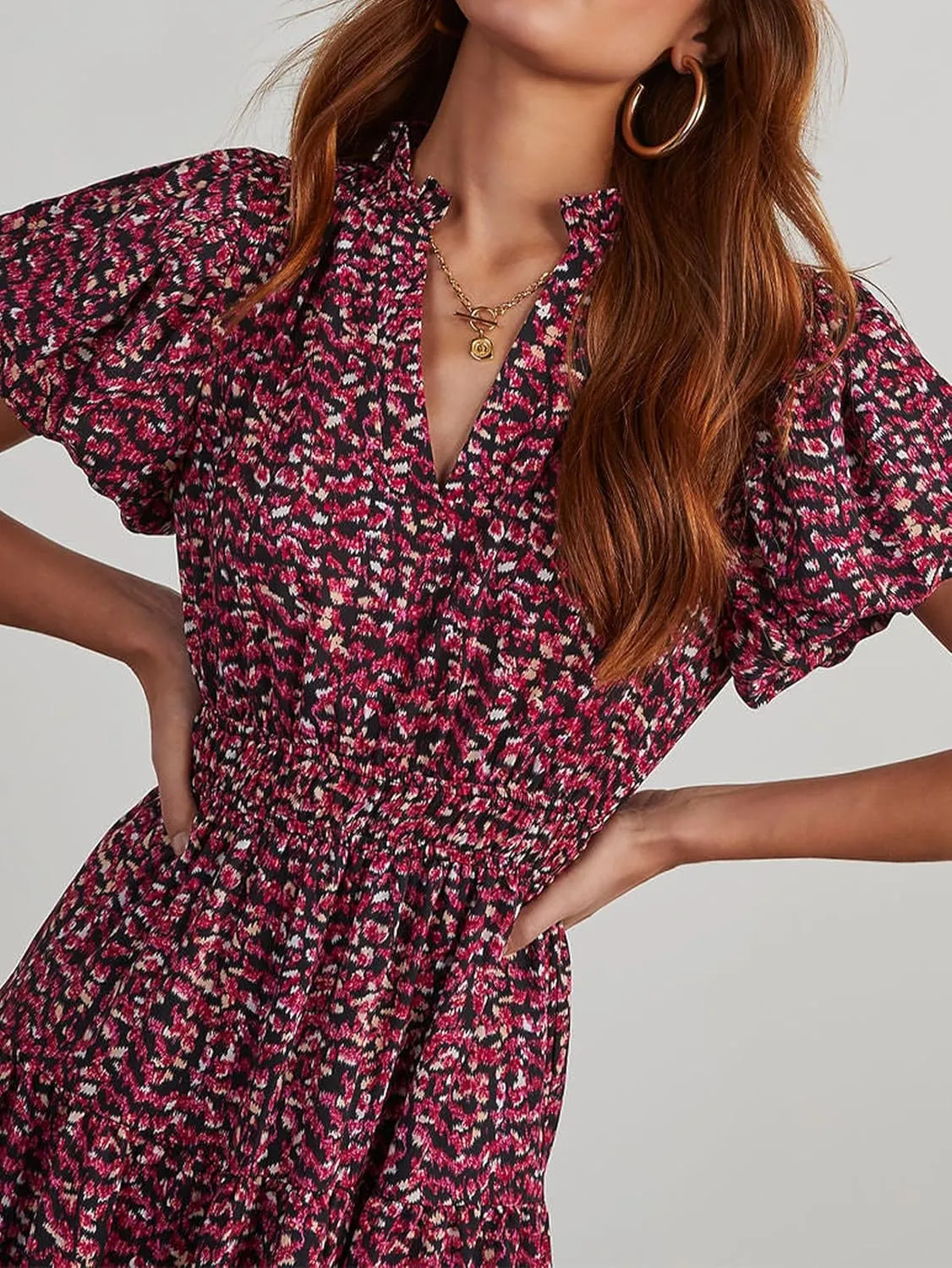 MASCOMODA Summer Maxi Dresses for Women 2025 Casual V Neck Puff Short Sleeve Smocked Flowy Beach Boho Long Floral Dress