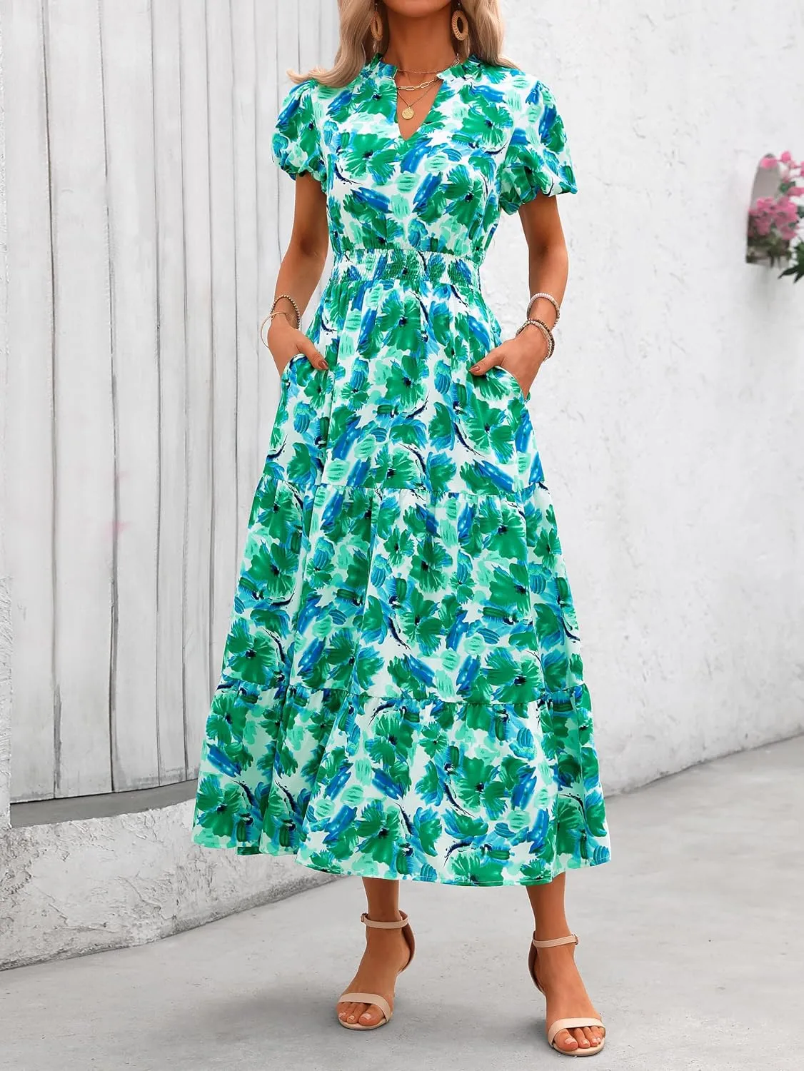 MASCOMODA Summer Maxi Dresses for Women 2025 Casual V Neck Puff Short Sleeve Smocked Flowy Beach Boho Long Floral Dress