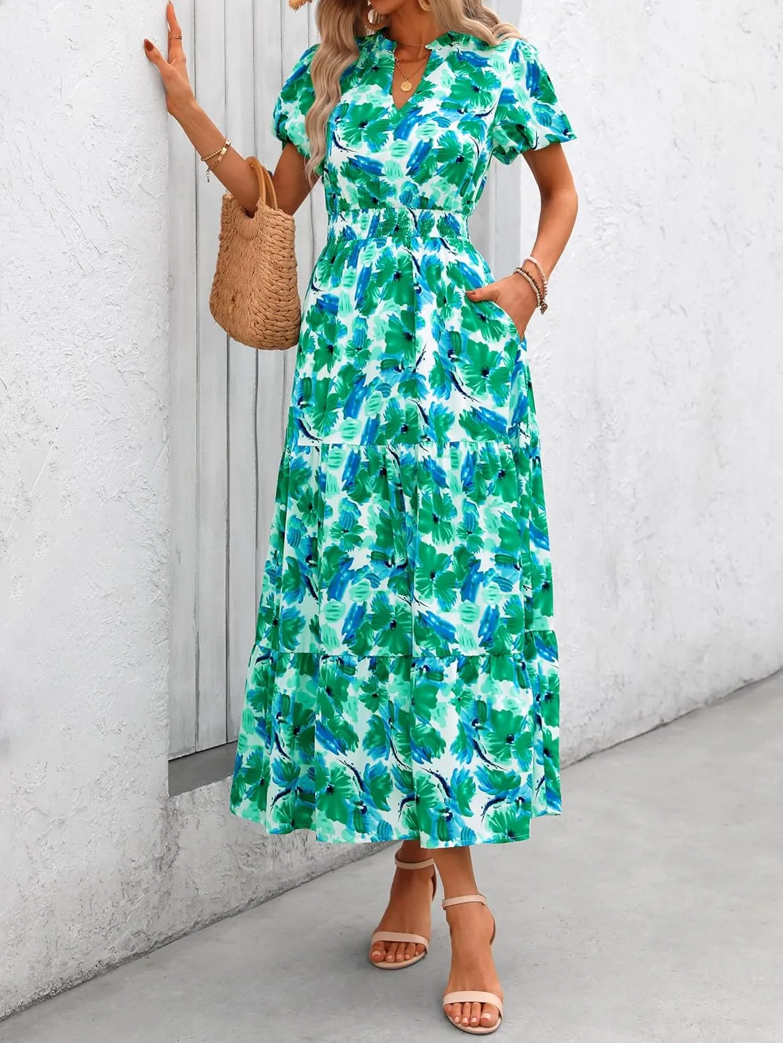 MASCOMODA Summer Maxi Dresses for Women 2025 Casual V Neck Puff Short Sleeve Smocked Flowy Beach Boho Long Floral Dress