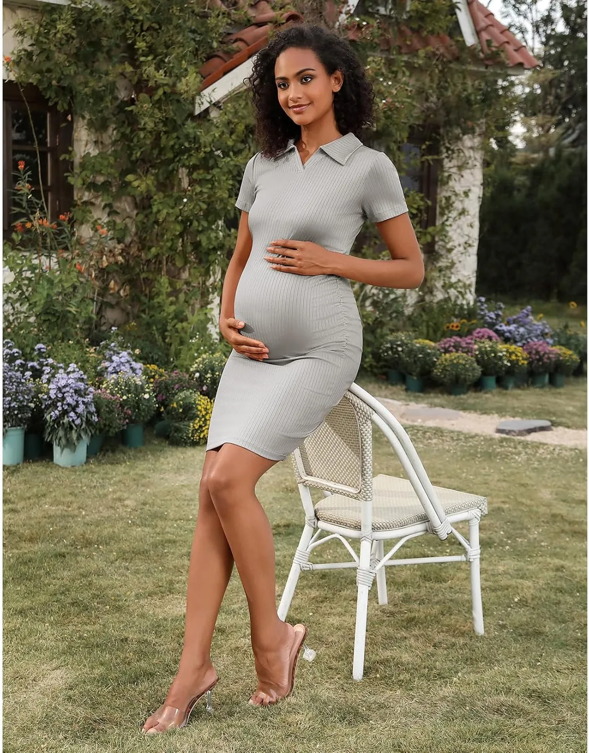 Maternity Bodycon Dress Summer Short Sleeve Lapel Collared V Neck Maternity Polo Shirt Dress
