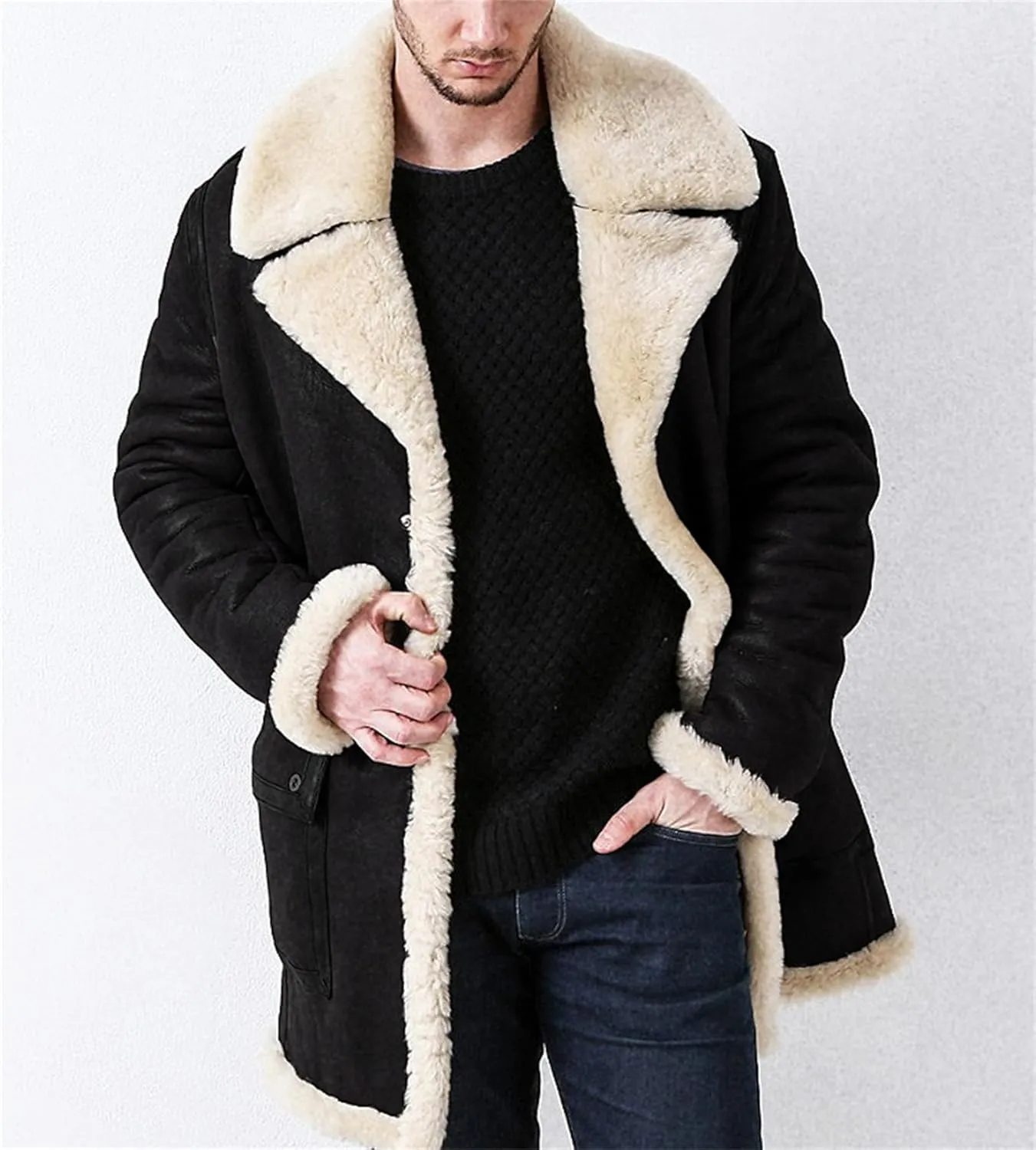 Men Faux Suede Sherpa Fleece Lined Jackets Fur Collar Long Trench Coat Winter Heavyweight Big and Tall Outwear
