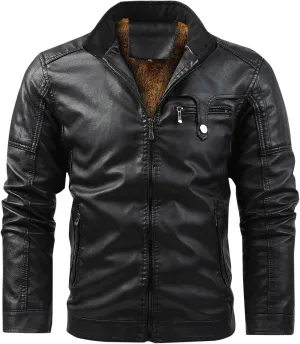 Men Slim Fit Faux Leather Motorcycle Jacket Zip-Up Windbreaker Fleece Lined PU Jackets Vintage Biker Coat