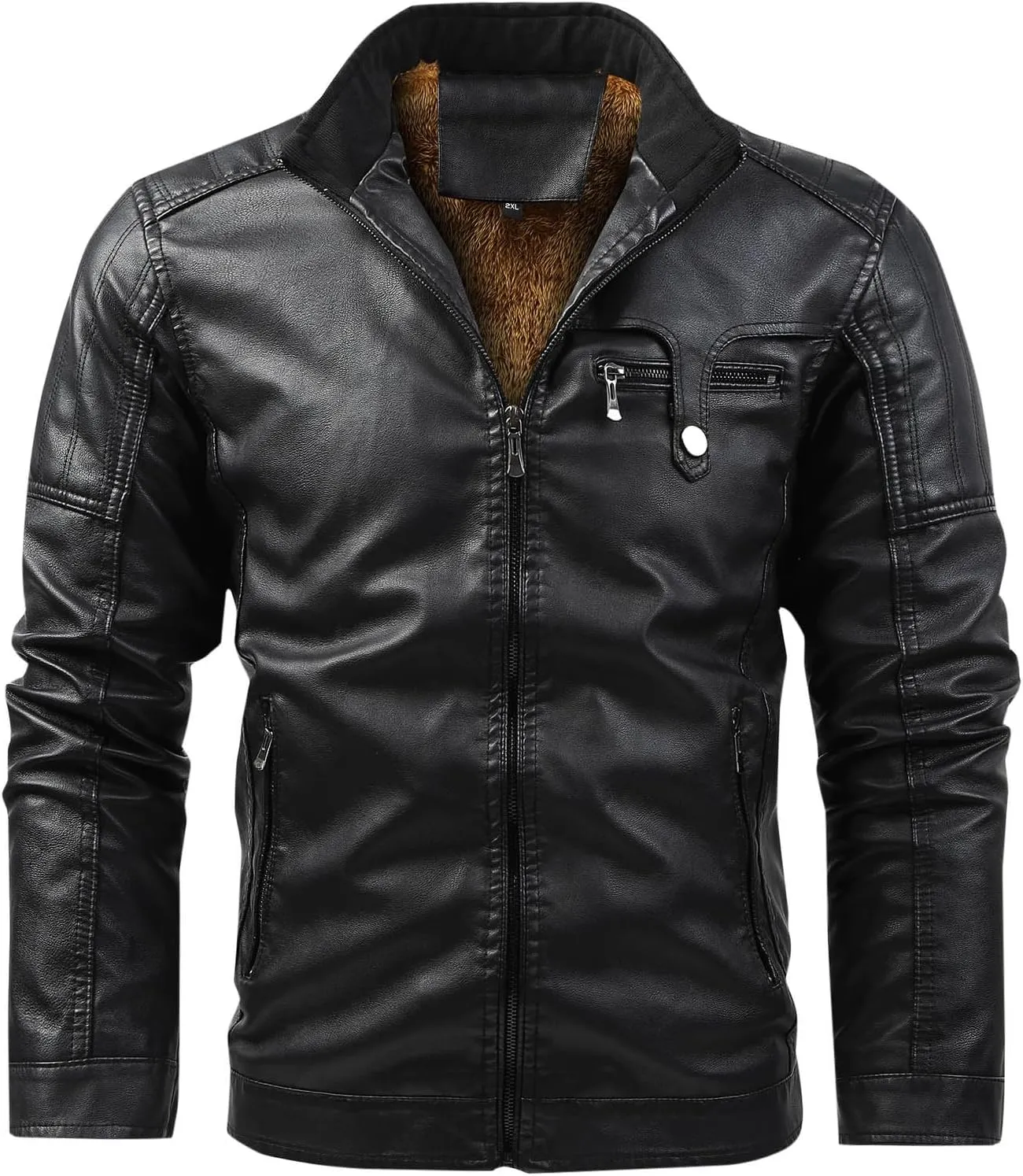 Men Slim Fit Faux Leather Motorcycle Jacket Zip-Up Windbreaker Fleece Lined PU Jackets Vintage Biker Coat