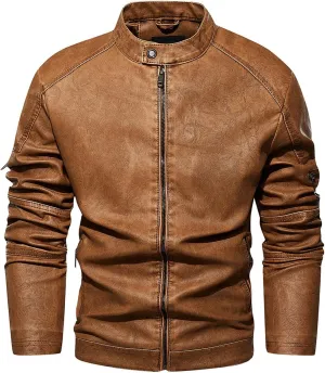 Men's Black Faux Leather Jacket Waterproof Windbreaker Coat Slim Fit Motorcycle Biker Jacket with Stand Collar