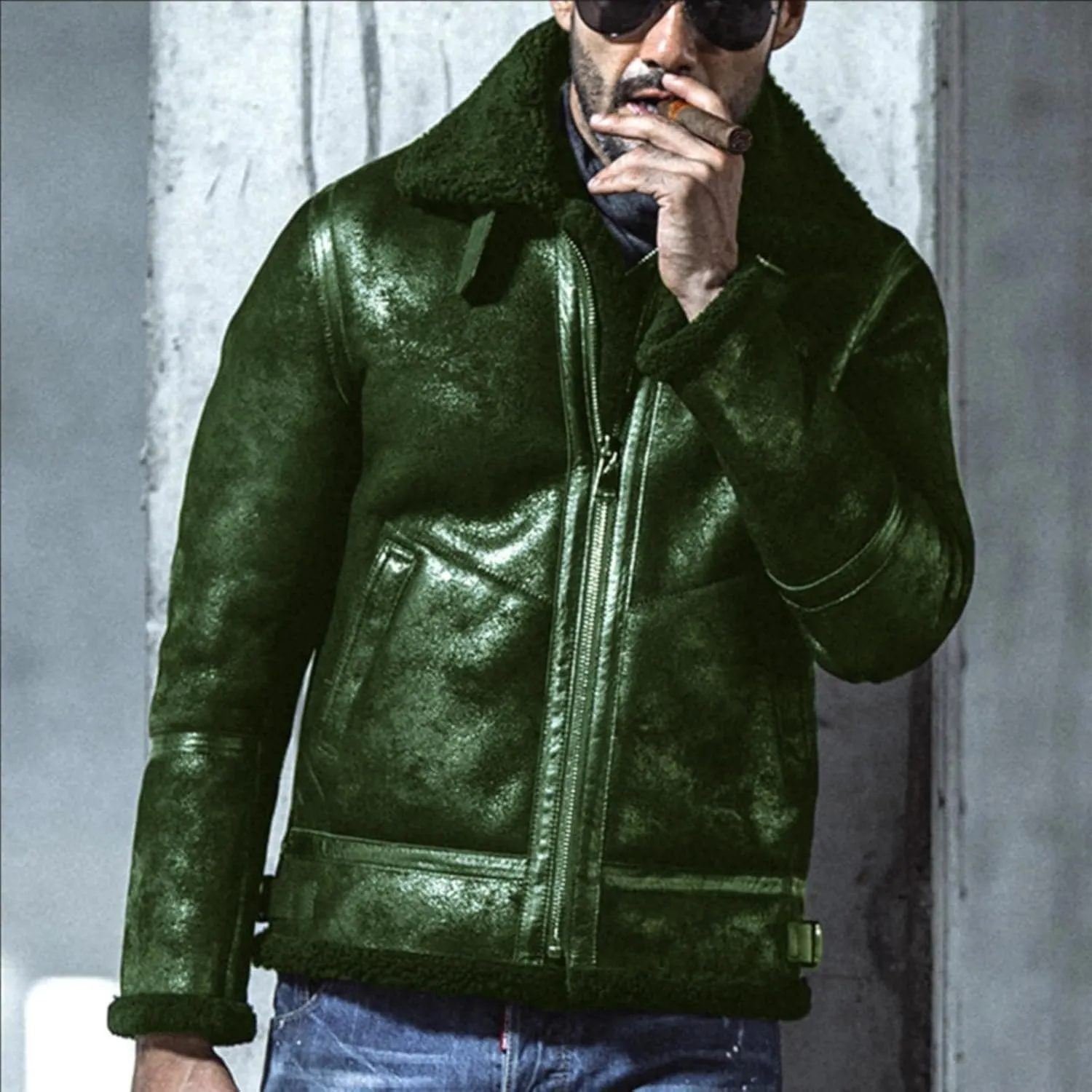 Mens Bomber Sherpa Faux Leather Jacket Zip Up Heavyweight Trench Coat Spread Collared Winter Suede Jackets