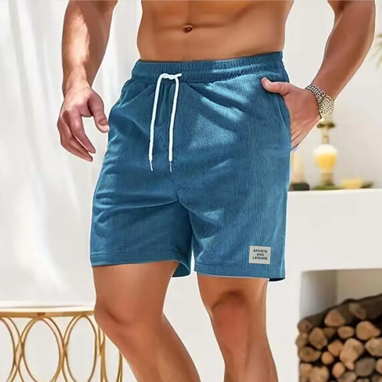 Men's Corduroy Shorts 2024 Casual Elastic Waist Drawstring Shorts Lightweight Summer Beach Shorts Active Track Shorts