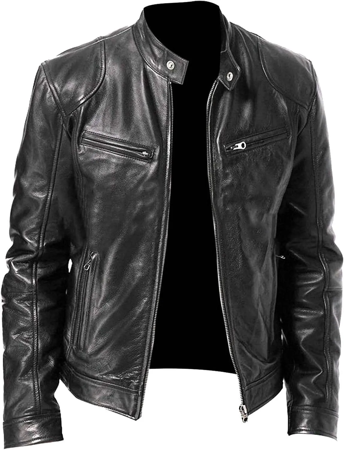 Mens Cropped Leather Jacket Motorcycle Biker Jackets Vintage Slim Fit Faux Leather Outwear Casual Lightweight