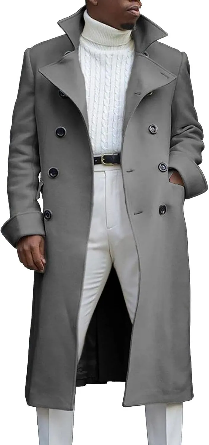 Mens Double Breasted Trench Coat Full Length Classic Black Faux Leather Long Coat Soft Scarf Single Breasted Pea Coat