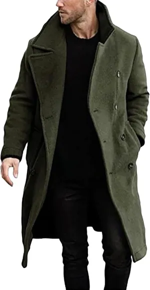 Mens Double Breasted Trench Coat Full Length Classic Black Faux Leather Long Coat Soft Scarf Single Breasted Pea Coat